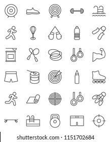 thin line vector icon set - target vector, barbell, weight, jump rope, hand trainer, punching bag, muscule, snickers, boxing glove, shorts, roller Skates, skateboard, sports nutrition, water bottle