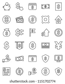 thin line vector icon set - exchange vector, dollar coin, cash, money bag, piggy bank, investment, growth, receipt, medal, flag, shield, calendar, monitor, cursor, any currency, yen sign