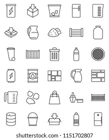 thin line vector icon set - bucket vector, trash bin, garbage pile, measuring cup, jug, sieve, jar, enegry drink, water bottle, sea container, port, wood box, consolidated cargo, package, oil barrel
