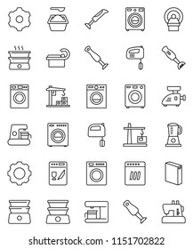 thin line vector icon set - washer vector, washing powder, mixer, double boiler, blender, tomography, gear, construction crane, dishwasher, coffee maker, meat grinder, sewing machine