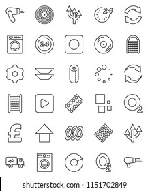 thin line vector icon set - washboard vector, toilet paper, plates, pie graph, arrow up, pound, oxygen, disk, play button, rec, pills blister, gear, refresh, loading, route, relocation truck, washer