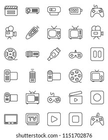 thin line vector icon set - cinema clap vector, film spool, tv, gamepad, video camera, remote control, play button, pause, stop, rec, hdmi, web, projector