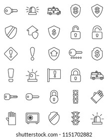 thin line vector icon set - rubber glove vector, dollar shield, safe, attention, traffic light, amkbulance car, lock, key, sign, siren, unlock, home protect, password