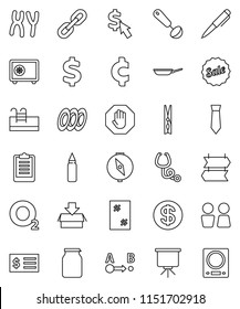 thin line vector icon set - clothespin vector, window cleaning, water closet, pan, ladle, plates, jar, pen, compass, presentation, receipt, tie, safe, dollar cursor, cent sign, clipboard, oxygen