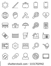 thin line vector icon set - sea container vector, consolidated cargo, umbrella, search, mobile phone, battery, doctor bag, ambulance star, heart cross, magnifier, scalpel, patch, microbs, gear, tv