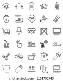 thin line vector icon set - phone 24 vector, wood box, cargo, microphone, newspaper, remote control, touchscreen, headphones, thumbtack, battery, gender sign, crutches, scissors, eye doctor hat, usb