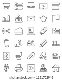 thin line vector icon set - trash bin vector, toilet, spices, cake, pencil, flag, graph, cart, investment, pills, heart monitor, navigator, receipt, notebook pc, favorites, forward button, network