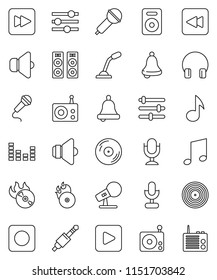 thin line vector icon set - bell vector, music, disk, hit, microphone, radio, speaker, equalizer, headphones, play button, forward, backward, rec, jack