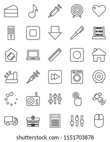 thin line vector icon set - cake vector, university, ruler, pen, calculator, notebook pc, abacus, music, target, arrow down, radio, satellitie, settings, touchscreen, heart, stop button, forward