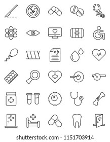 thin line vector icon set - atom vector, pills, heart monitor, cross, first aid kit, disabled, pulse, vial, eye, magnifier, pregnancy, insemination, scalpel, broken bone, stethoscope, bottle, sperm