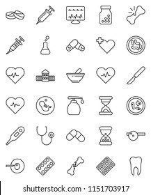 thin line vector icon set - liquid soap vector, school building, heart pulse, cross, thermometer, flask, pregnancy, insemination, syringe, scalpel, broken bone, sand clock, stethoscope, pills, tooth