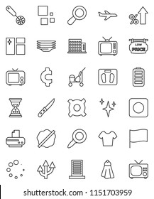 thin line vector icon set - cleaner trolley vector, towel, shining, window cleaning, splotch, plates, skimmer, knife, flag, magnifier, percent growth, sand clock, any currency, cent sign, scales, tv