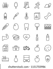thin line vector icon set - oil vector, double boiler, cereal, egg, potato, apple fruit, heart pulse, muscule hand, water bottle, fitness mat, breads, pool, bone, hoop, run, doctor bag, thermometer