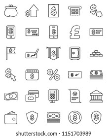 thin line vector icon set - certificate vector, bank, dollar coin, credit card, wallet, cash, growth, check, flag, shield, safe, calendar, cursor, pound, gold ingot, money, receipt, percent, reader