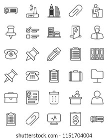 thin line vector icon set - trash bin vector, pencil, student, clipboard, paper pin, exam, manager, case, binder, receipt, classic phone, thumbtack, diagnostic monitor, medical room, network folder