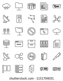 thin line vector icon set - pen vector, document, archive, binder, personal information, prohibition sign, no smoking, attention, satellite antenna, newspaper, network, server, folder, cloud, share