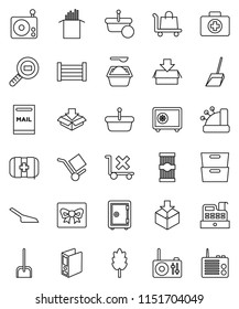 thin line vector icon set - scoop vector, washing powder, cereal, pasta, archive, binder, safe, first aid kit, wood box, cargo, no trolley, package, search, radio, mailbox, gift, cashbox, basket