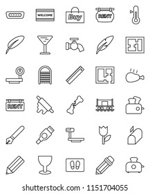 thin line vector icon set - water tap vector, welcome mat, washboard, rolling pin, thermometer, chicken leg, pen, pencil, ruler, Railway carriage, glass, tulip, big scales, hdmi, broken bone, plan