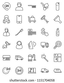 thin line vector icon set - scraper vector, vacuum cleaner, fetlock, car, steaming, cleaning agent, shining window, woman, dollar cursor, phone 24, support, cargo search, mobile, hospital building