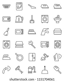 thin line vector icon set - scraper vector, broom, water tap, vacuum cleaner, scoop, sponge, iron, steaming, washer, sink, pan, kettle, colander, microwave oven, fridge, dishwasher