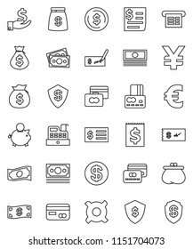 thin line vector icon set - dollar coin vector, credit card, cash, money bag, piggy bank, investment, check, receipt, shield, any currency, euro sign, yen, wallet, cashbox