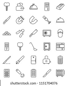 thin line vector icon set - camping cauldron vector, ladle, knife, grater, toaster, blender, dish, pen, magnet, gold ingot, safe, hand trainer, consolidated cargo, battery, scalpel, tooth implant