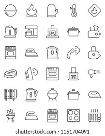 thin line vector icon set - iron vector, steaming, pan, camping cauldron, kettle, cook glove, toaster, oven, thermometer, bbq, steak, flammable, fireplace, coffee maker, hair dryer, heater