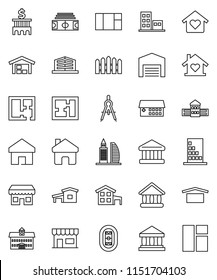 thin line vector icon set - university vector, school building, drawing compass, bank, stadium, dry cargo, hospital, home, cottage, barn, fence, plan, apartments, office, love, store, window