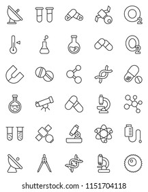 thin line vector icon set - thermometer vector, drawing compass, atom, telescope, microscope, magnet, flask, pills, molecule, oxygen, satellite, antenna, vial, dna, drop counter, ovule