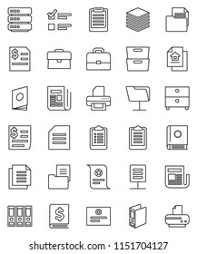 thin line vector icon set - case vector, clipboard, certificate, document, archive, exam, annual report, binder, receipt, newspaper, network folder, big data, estate, catalog, printer