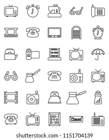 thin line vector icon set - washboard vector, kettle, hand mill, turk coffee, glasses, alarm clock, abacus, phone, umbrella, film frame, radio, tv, classic, closed, video camera, sewing machine