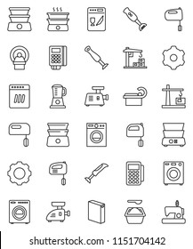 thin line vector icon set - washing powder vector, mixer, double boiler, blender, tomography, gear, washer, construction crane, card reader, dishwasher, meat grinder, sewing machine