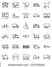 thin line vector icon set - school bus vector, bike, plane, ship, truck trailer, sea container, delivery, car, port, consolidated cargo, warehouse, Railway carriage, disabled, amkbulance, garage