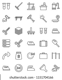 thin line vector icon set - scraper vector, vacuum cleaner, rake, iron, steaming, student, case, horizontal bar, big scales, vial, scissors, data, construction crane, money bag, 24 hour