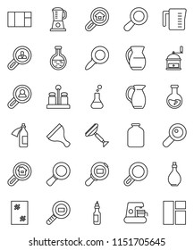 thin line vector icon set - scraper vector, window cleaning, oil, measuring cup, hand mill, spices, jug, jar, magnifier, flask, cargo search, potion, estate, client, coffee maker, blender