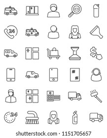 thin line vector icon set - scraper vector, vacuum cleaner, fetlock, car, window cleaning, agent, shining, woman, dollar cursor, phone 24, support, delivery, cargo search, mobile, hospital building