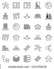 thin line vector icon set - molecule vector, bank building, hierarchy, dna, chromosomes, ovule, connect, big data, plan, apartments, office, home