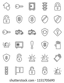 thin line vector icon set - rubber glove vector, dollar shield, safe, attention, traffic light, amkbulance car, lock, unlock, key, sign, siren, home protect, password