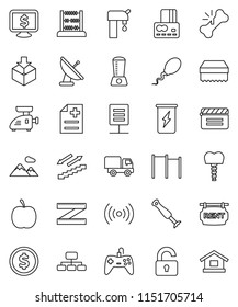 thin line vector icon set - sponge vector, abacus, dollar coin, credit card, hierarchy, monitor, diet, measuring, horizontal bar, enegry drink, stairways run, package, cinema clap, broken bone, home