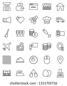 thin line vector icon set - broom vector, iron, scales, cook hat, towel, whisk, dish, egg, blackboard, coin stack, boxing glove, breads, shuttlecock, heart cross, oxygen, navigator, map pin, plane