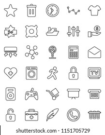 thin line vector icon set - trash bin vector, pen, calculator, constellation, investment, presentation board, any currency, t shirt, run, ship, clock, cargo, settings, tv, social media, speaker, fan