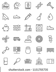 thin line vector icon set - scraper vector, broom, water drop, tap, rolling pin, meat hammer, table lamp, school bus, piggy bank, annual report, snickers, no hook, weight, barcode, disk, dna, sperm