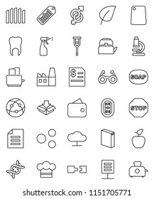 thin line vector icon set - soap vector, washing powder, sprayer, kettle, cook hat, cutting board, toaster, glasses, apple fruit, microscope, document, leaf, annual report, stadium, barcode, dna