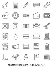 thin line vector icon set - sponge vector, towel, toilet brush, washer, oil, microwave oven, plates, calculator, scissors, clock, dollar flag, wood box, microphone, loudspeaker, classic phone, sand