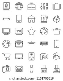 thin line vector icon set - plates vector, kettle, case, world, annual report, man, calendar, skateboard, earth, dry cargo, package, camera, settings, tv, video, internet, mobile phone, monitor