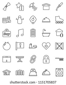 thin line vector icon set - fetlock vector, kettle, apron, dish, music, fitball, shorts, roller Skates, attention, ship, wood box, dry cargo, satellitie, link, battery, heart cross, dropper, barn