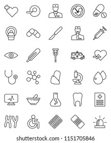 thin line vector icon set - flask vector, pills, molecule, disabled, heart pulse, cross, doctor, thermometer, eye, pregnancy, insemination, syringe, crutches, scalpel, patch, stethoscope, blister