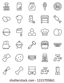 thin line vector icon set - plates vector, camping cauldron, colander, scales, cook hat, meat hammer, grater, mixer, toaster, double boiler, cookbook, blender, bbq, cereal, egg, mushroom, potato