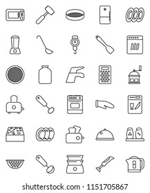 thin line vector icon set - water tap vector, sponge, plates, colander, scales, cook glove, whisk, spatula, ladle, meat hammer, hand mill, grater, toaster, double boiler, spices, sieve, dish, jar