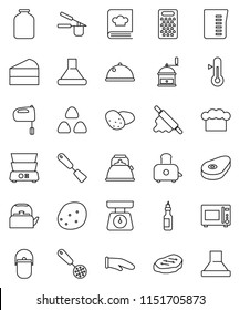thin line vector icon set - camping cauldron vector, kettle, measuring cup, scales, cook hat, glove, press, skimmer, spatula, rolling pin, hand mill, grater, mixer, toaster, microwave oven, cookbook